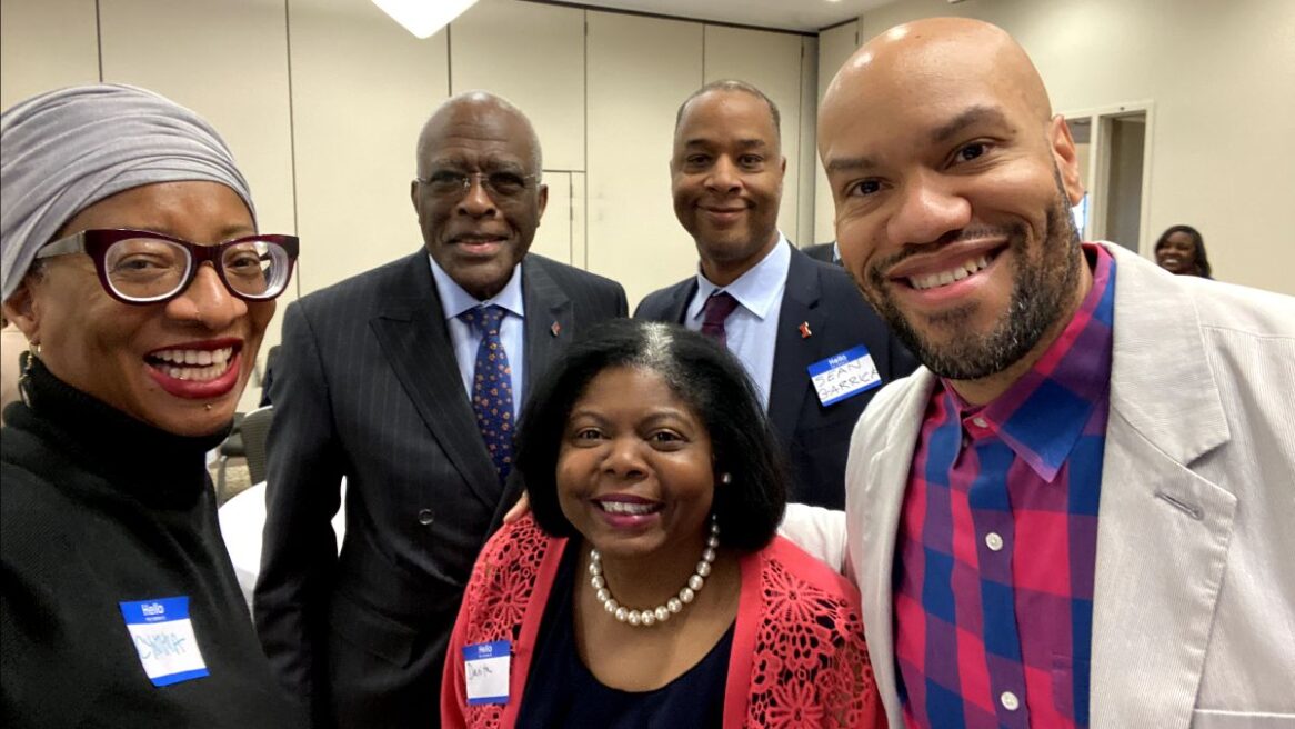 Celebrating at the Black Faculty and Professional Alliance award ceremony with (l to r) Cynthia Oliver, Special Advisor to the Chancellor for Arts Integration; Robert Jones, Chancellor; Danita Brown Young, Vice Chancellor for Student Affairs; Sean Garrick, Vice Chancellor for Diversity, Equity, and Inclusion; Patrick Earl Hammie, James Avery Endowed Chair